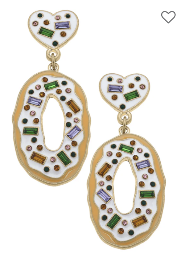 Mardi Gras Heart King Cake Enamel Drop Earrings